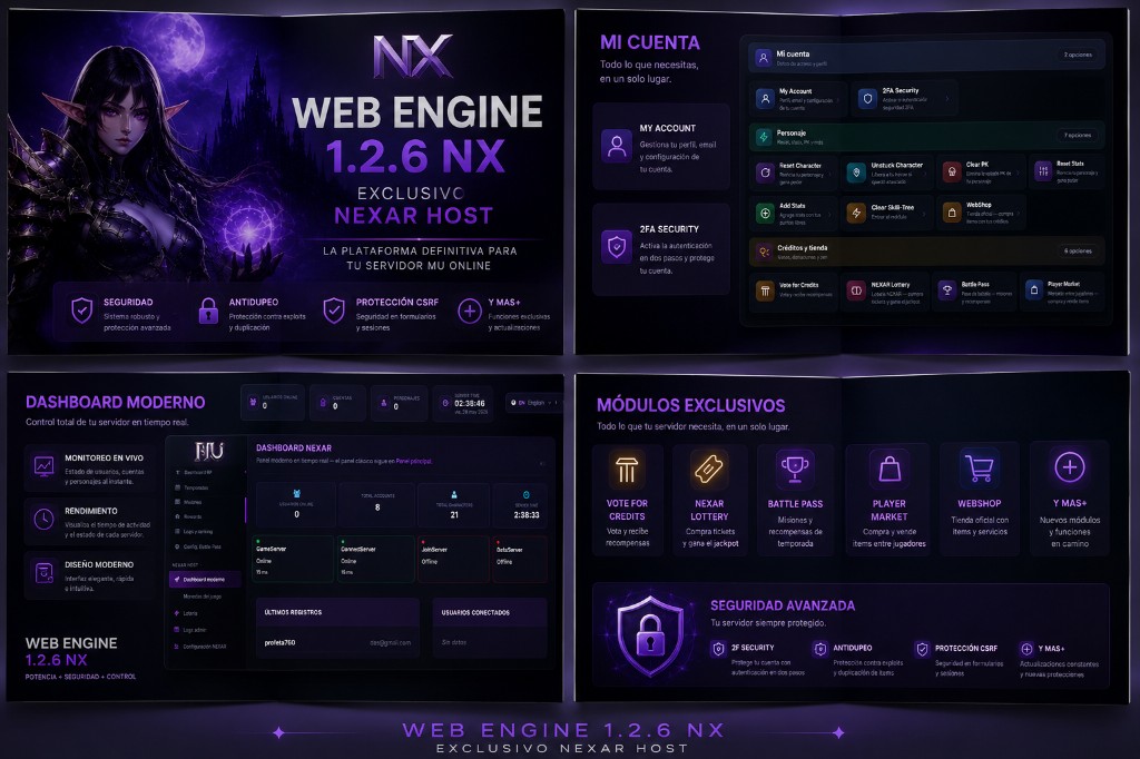 Web Engine 1.2.6 NX — CMS Mu Online exclusivo Nexar Host con dashboard, seguridad avanzada y módulos premium